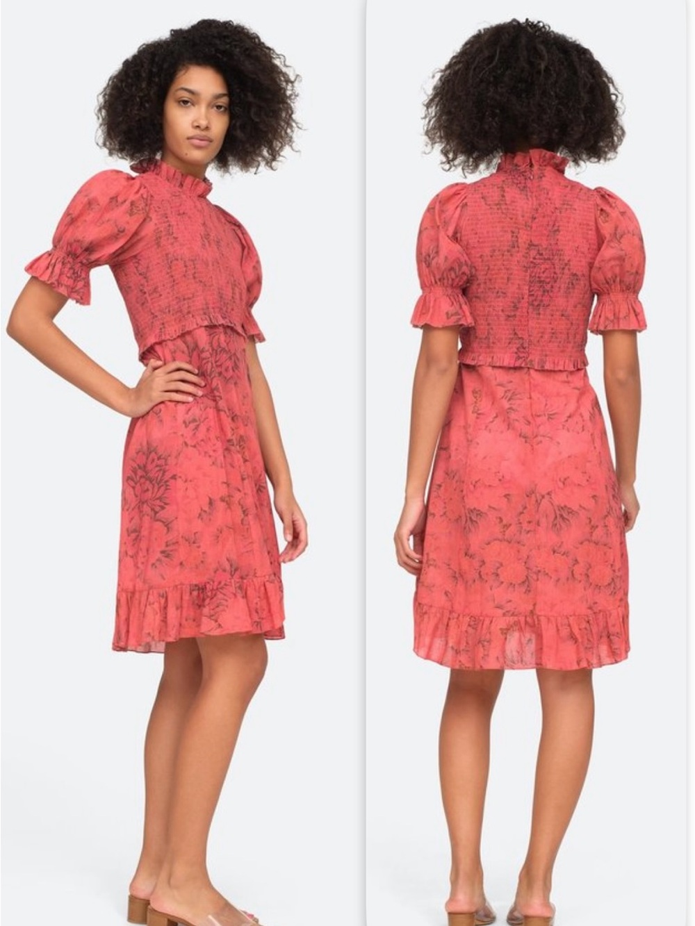 SEA New York Mimi Floral Pink Red Smocked Mini Dress Puff Sleeves Ruffle Size 0